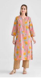 Floral kurta set for women with pink floral kurta and striped pants – casual ethnic wear