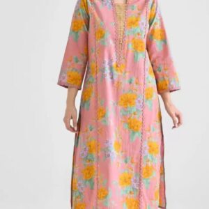 Floral kurta set for women with pink floral kurta and striped pants – casual ethnic wear