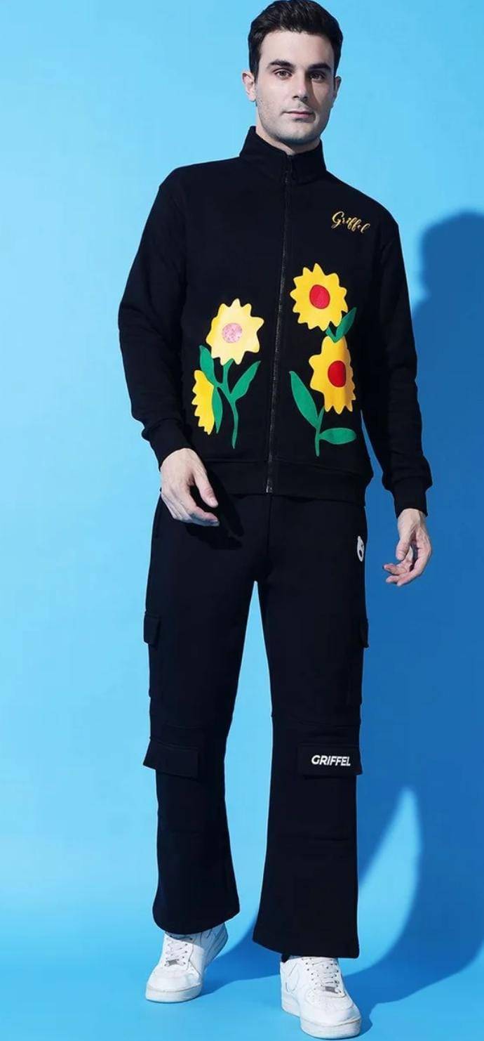 Black Griffel cord set with floral jacket and cargo pants bold streetwear outfit